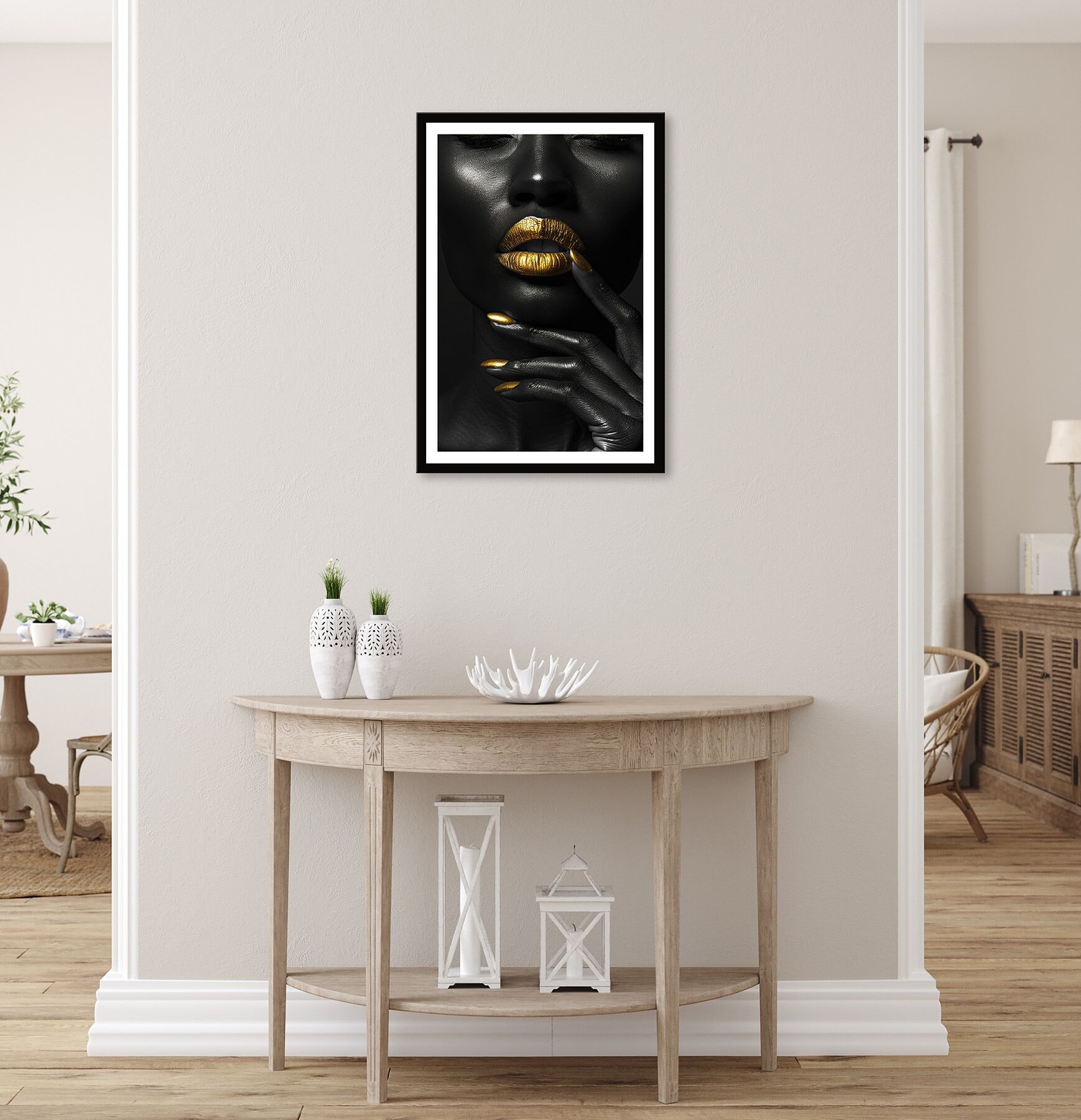 Bild mit Rahmen BÖNNINGHOFF "Wandbild gerahmt FRAU SCHWARZ WEISS GOLD 50x70 cm – Modernes Glamour", schwarz (farbe rahmen: schwarz, farbe bild(er): schwarz, gold), B:70cm H:50cm T:2,1cm, MDF, Papier, Bilder, Bild mit Rahmen, mit dekorativem Rahmen farbe r