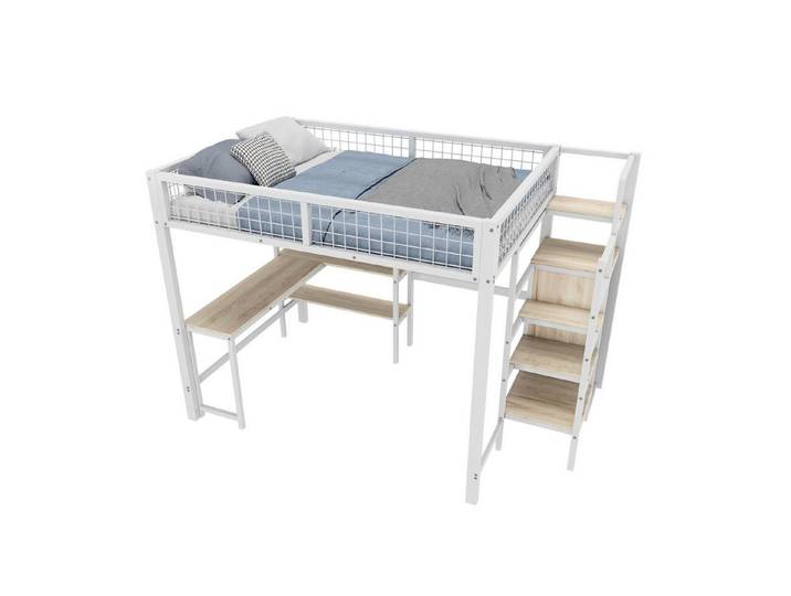 Odikalo Hochbett Jugendbett Ablageleiter Regale schrank Schreibtisch Weiß140x200cm