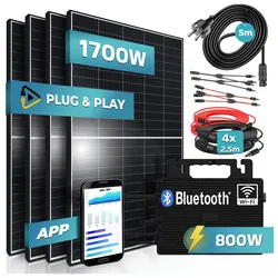 SUNNIVA® 1700W Balkonkraftwerk 800W komplett Steckdose - Astro-Energy 800W Micro Wechselrichter - PV Solaranlage Komplettset, 4x 425W (1700W) Solarmodule, inkl.5m Kabel, Y-Verteiler, Bluetooth, WIFI