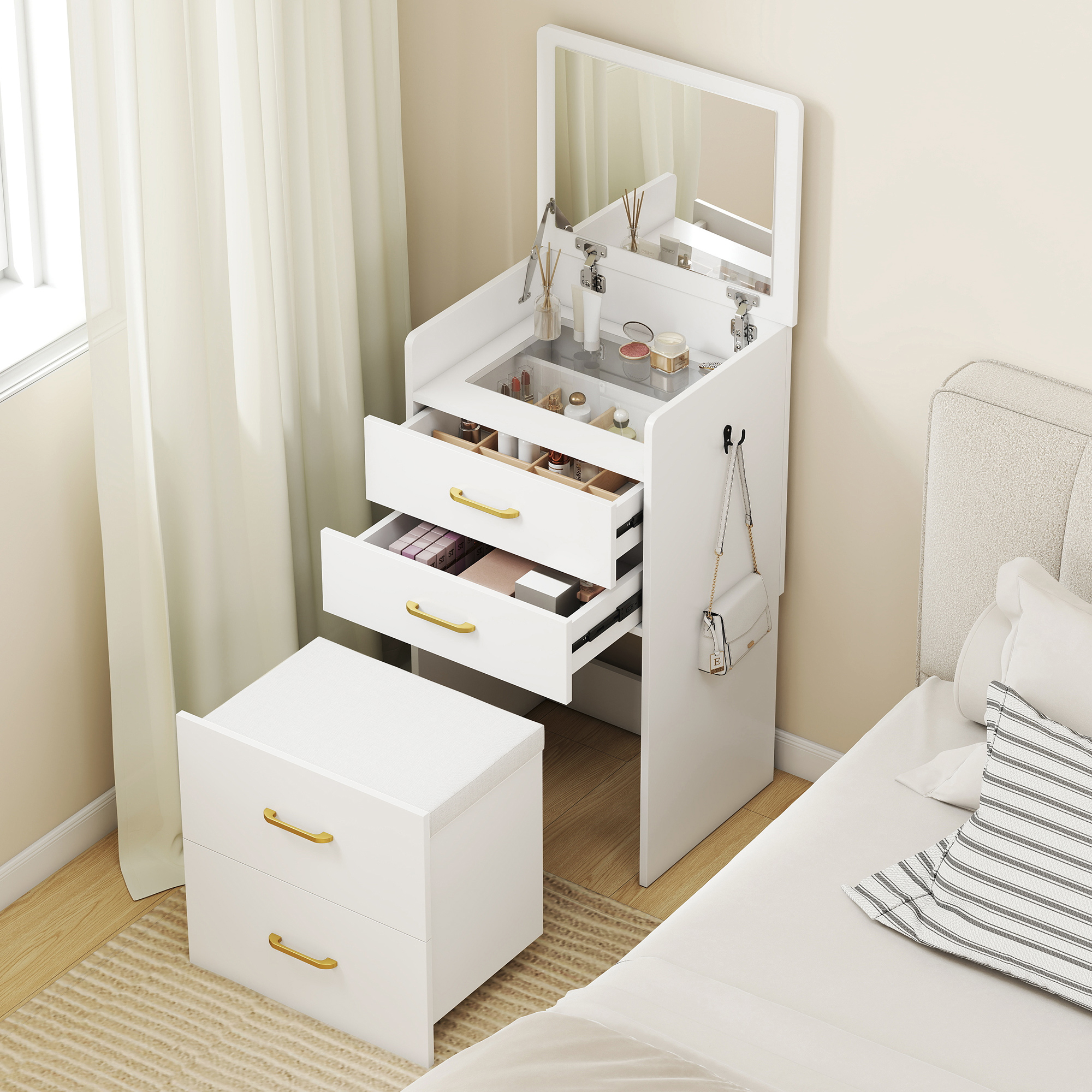 Homcom Postazione Trucco 3 in 1 con Specchio a Ribalta, Sgabello a Scomparsa, 3 Cassetti, Piano in Vetro, Bianco   Aosom Italy