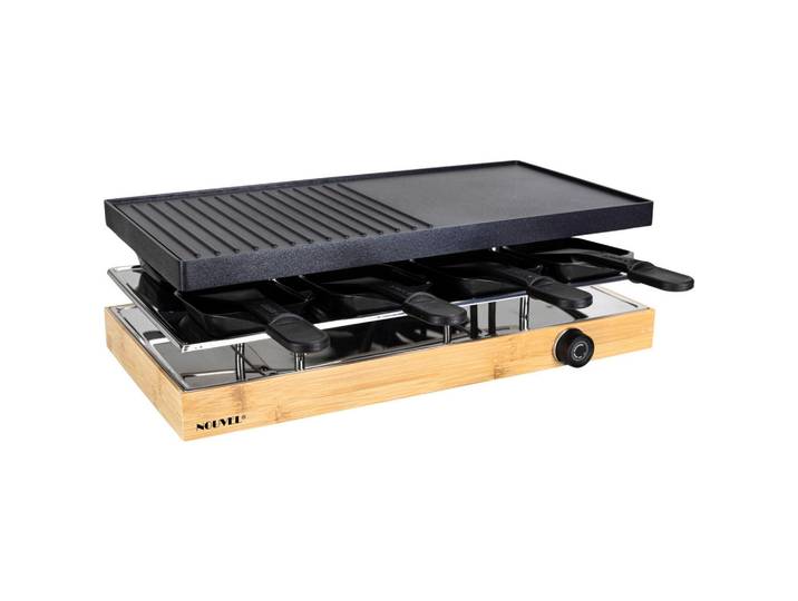 Nouvel Raclette-Grill, Holz, Metall, Bambus, 42x14x21 cm, Temperaturregler, antihaftbeschichtete Raclette-Pfännchen, Ein/Aus-Schalter, regelbarer Thermostat, rutschfeste Füsse, Tischgrills & Fondues, Raclette-Grills