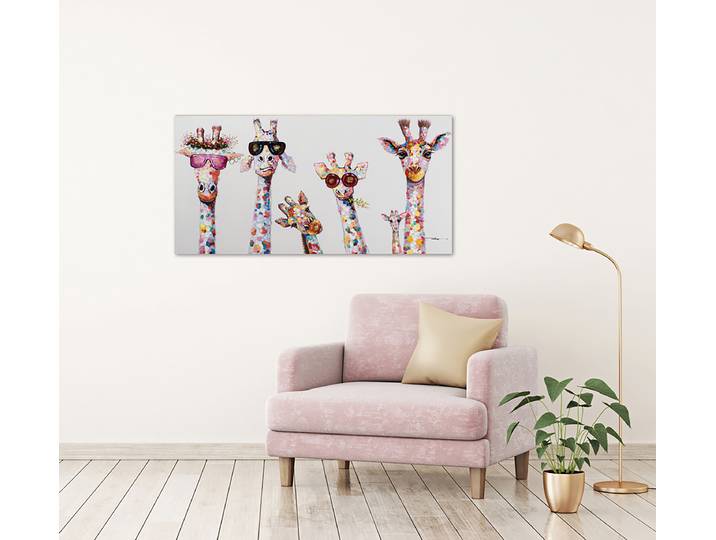 Leinwandbild Kuriose Giraffenfamilie Mischgewebe Multicolor 50 x 100cm