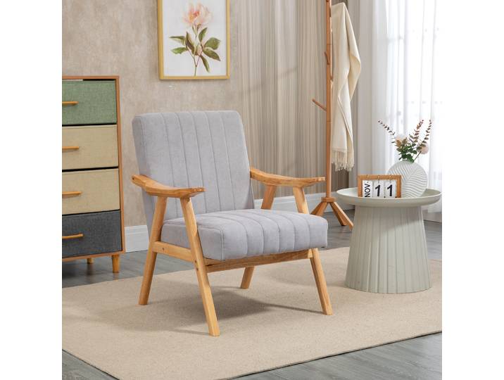 HOMCOM Fauteuil au Design Scandinave, Velours, Bois Massif ; 68 cm x 74 cm x 82 cm, Nature + Gris
