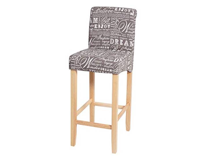 PROREGAL Barhocker gepolstert mit Lehne Sitzhöhe 75cm Holz Schriftzug Grau helle Beine Stoff/Textil Barstuhl Tresenhocker