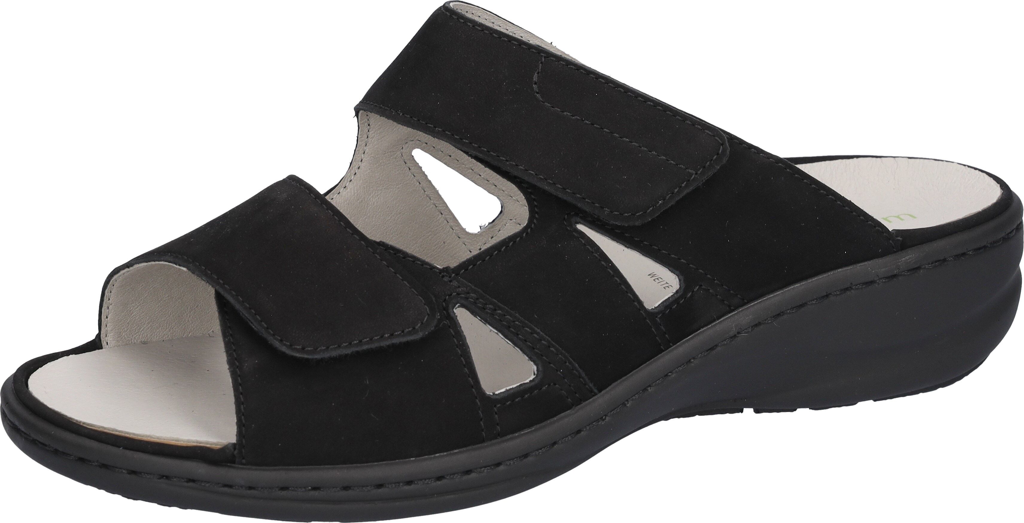 Pantolette WALDLÄUFER "HERIA", Damen, Gr. 6 (39), Leder, schwarz, Nubukleder, unifarben, Schuhe Pantolette, Sommerschuh, Komfortschuh, Hausschuh in Weite H, mit Klettverschlüsse schwarz 6 (39), Leder