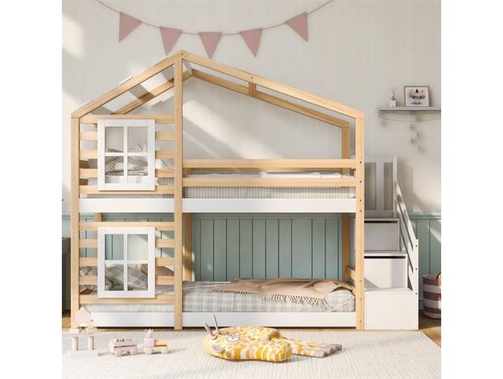 Lit Cabane Superposé 90x200cm avec escaliers de rangement - DRIPEX - Blanc - Bois massif - 2 personnes