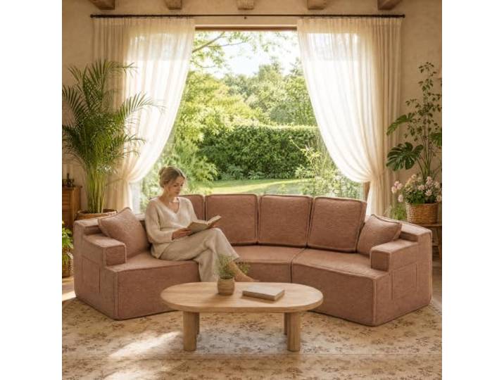 COMHOMA Sofa, modulares Schlafsofa, Polstersofa, 3-Sitzer Sofa, Flexible Sektionscouch,mit Aufbewahrungstasche, Couch mit schlaffunktion, Keine Montage erforderlich, Sherpa-Kunstfell-Bezug, Hellbraun