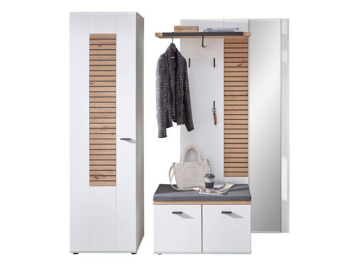 Livetastic Garderobe, Weiss, Eiche Artisan, Schwarz, Glas, Holzwerkstoff, 3-teilig, 187x201x40 cm, Garderobe, Garderobensets & -serien, Garderoben-Set