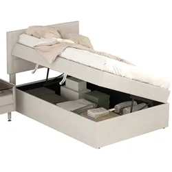 OKWISH Polsterbett 90x200 mit Lattenrost – Großer Stauraum im minimalistischen Design in Beige, ideal für kleine Räume
