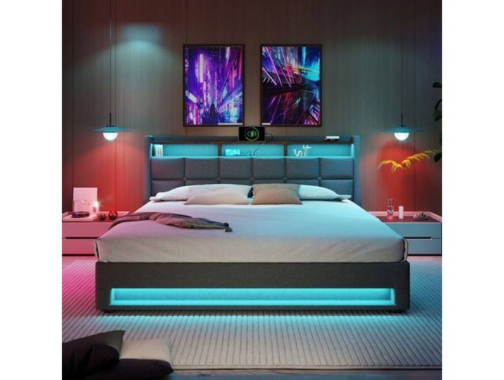 Lit rembourré 140x200cm USB LED cadre métal lin jeune sans matelas