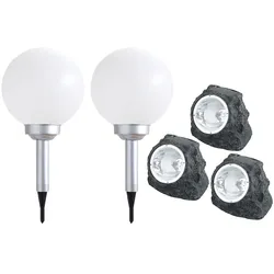 Gartendeko Lampen Steinoptik Solarlampen für Außen Garten LED Terrassen Dekoration Kugel Solar, Kunststoff weiß grau, LED warmweiß, 5er Set