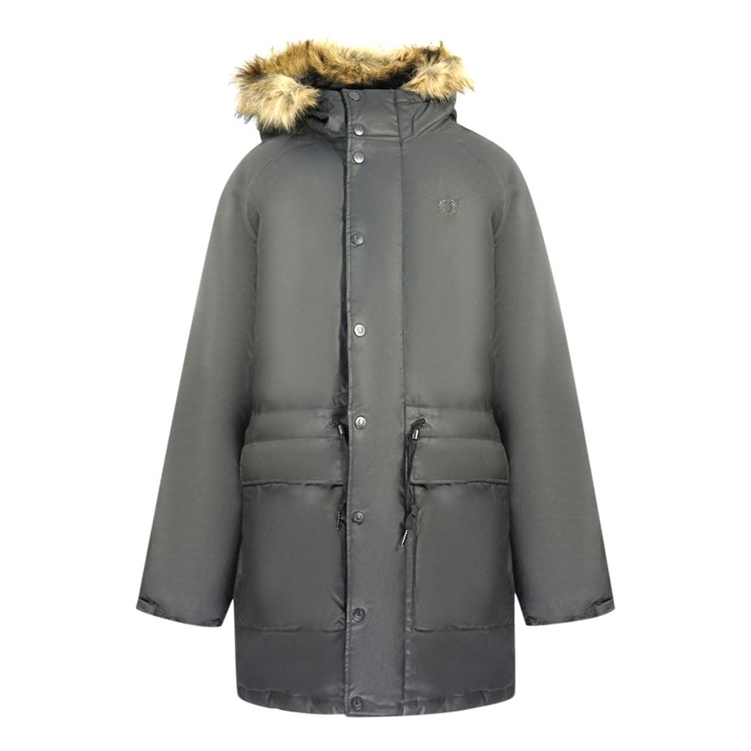 Fred Perry gewatteerde gewaxte katoenen zwarte parka met capuchon