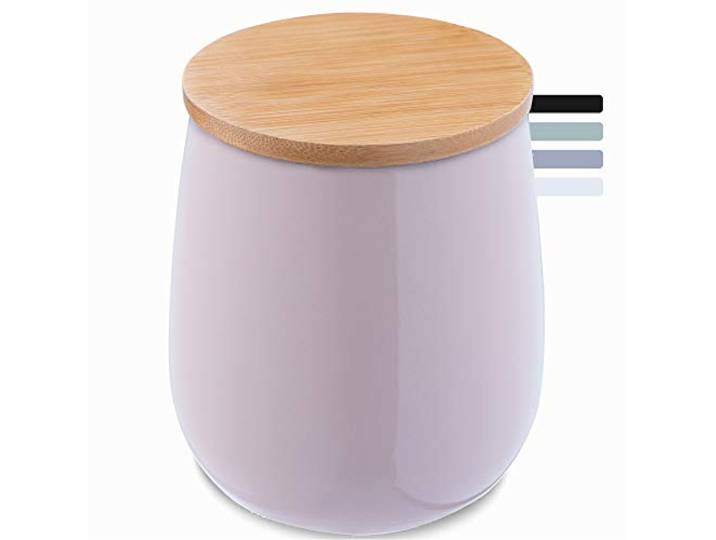 KADAX Cosmeticadoos, keramische opbergdoos, katoenen doos met deksel van bamboe, wattenschijfhouder, voorraaddoos, wattencontainer, universele doos voor badkamer, wattenschijfjes, rond (roze)