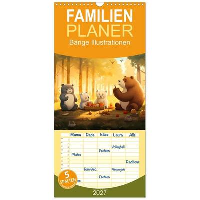 Familienplaner 2027 - Bärige Illustrationen mit 5 Spalten (Wandkalender, 21 x 45 cm) CALVENDO
