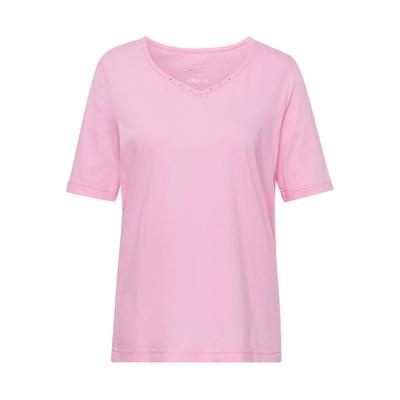 Langarm-Poloshirt GOLDNER "Kurzgröße Halbarm Basic-Shirt aus Baumwolle", Damen, Gr. 22, rosa (geranie), Obermaterial: 95% Baumwolle CO. 5% Elasthan EL., Tubular, Shirts, Ausschnitt in Herzform mit Schmucksteinen verziert
