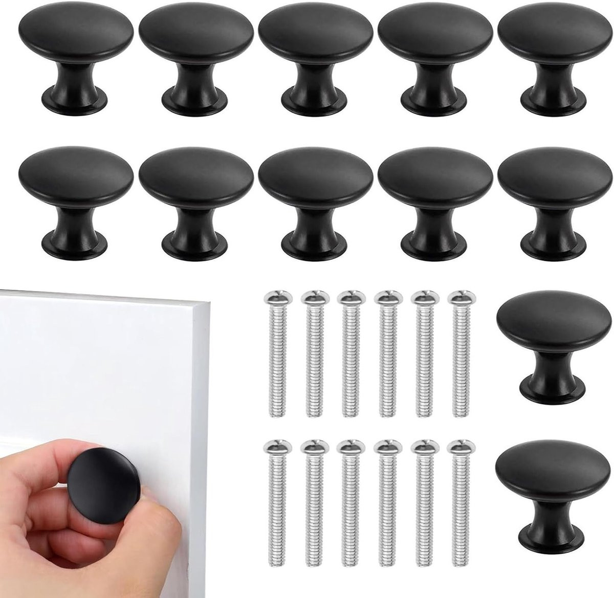 Set van 12 zwarte ronde kastknoppen met matte afwerking, 30 mm