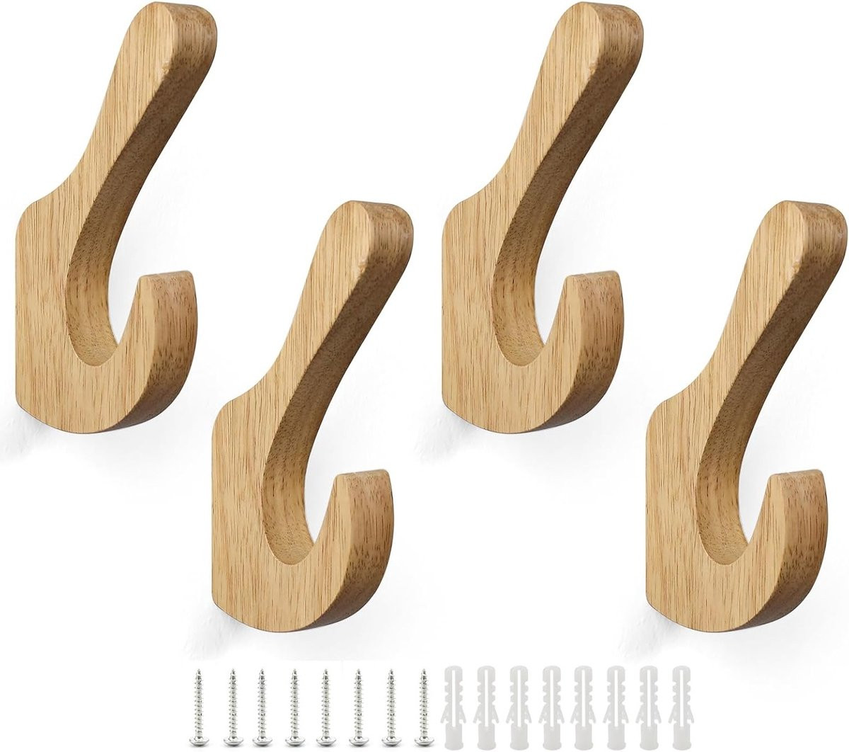 Set van 4 houten wandhaken met dubbele haken voor kleding en decoratie