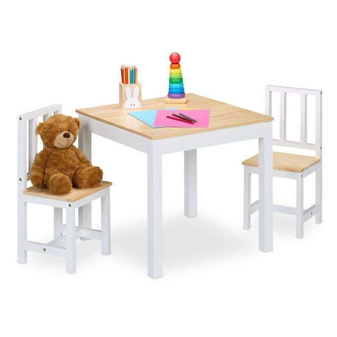 Relaxdays Kindermeubel Set: Kindertafel en 2 Stoeltjes in Wit-Natuur