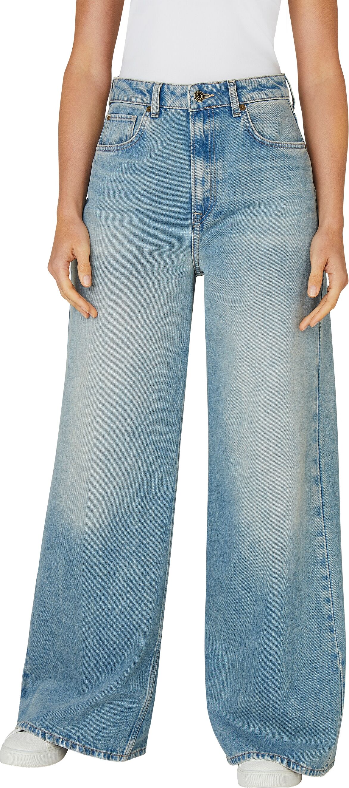 Schlagjeans PEPE JEANS "WIDE LEG JEANS UHW", Damen, Gr. 32, Länge 32, blau (used dirty blau), Denim/Jeans, Obermaterial: 100% Baumwolle, weit lang, Jeans Schlagjeans used dirty blau 32, Länge 32