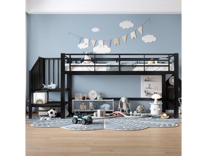Lit Mezzanine Bas 90x200cm - Lit enfant avec Échelle Rangement - Hauteur 110cm - Sans Matelas - Noir