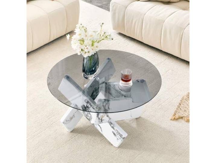 I0I&I0I Runder Couchtisch aus MDF und Glas, 79 cm Durchmesser Kreuzrahmen mit gehärteter Glasplatte 0,8 cm, modern für Wohnzimmer (White + MDF+Glass)