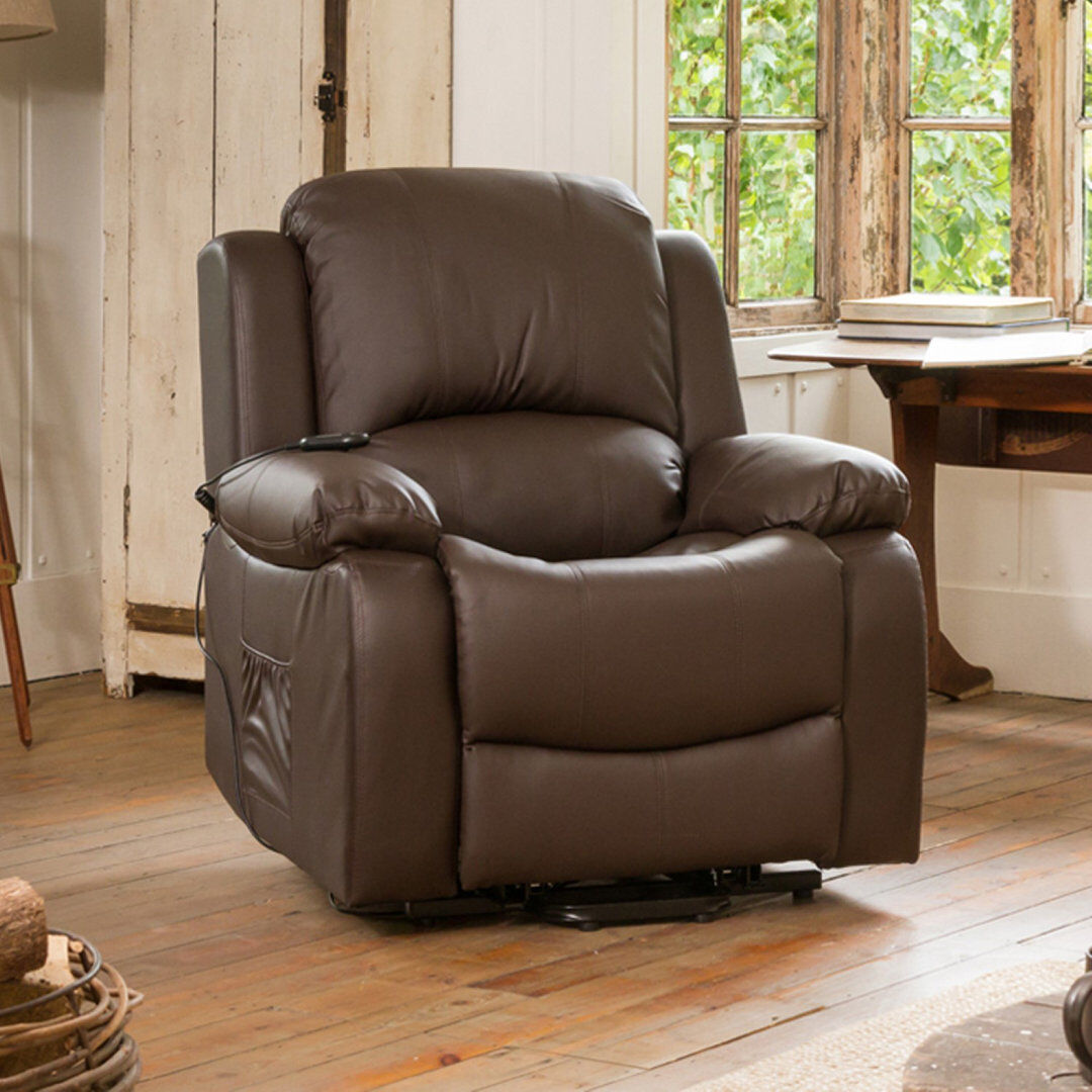 Lark Manor Seine-Maritime 92cm Wide Faux Leather Lift Assist Standard Recliner with Massager Brown 103cm H X 92cm W X 99cm D