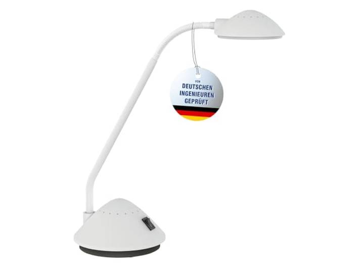 MAUL LED Tischlampe weiß MAULarc flexibler Arm für Büro und Zuhause ausrichtbarer Kopf, warmweißes Licht, stabiler Standfuß, schonende Unterlage, austauschbare Lichtquelle