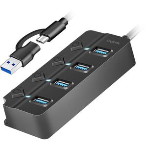 LogiLink USB-Hub UA0419, schwarz, mit Netzteil, 4 USB 3.0 Ports, Anschluss-Stecker USB-C & USB-A