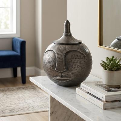 Sagebrook Home Decorative Jar - Gunmetal Metal Sculpt Face with Lid, 13 in.