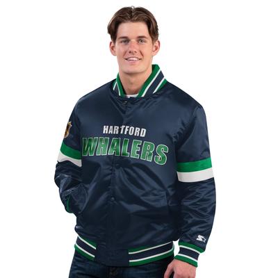 Bomberjacke STARTER "Starter Jacke Hartford Whalers DivePlay Satin Varsity", Damen, Gr. XL, blau, Popeline;Jersey, 100% Polyester, Jacken Bomberjacke