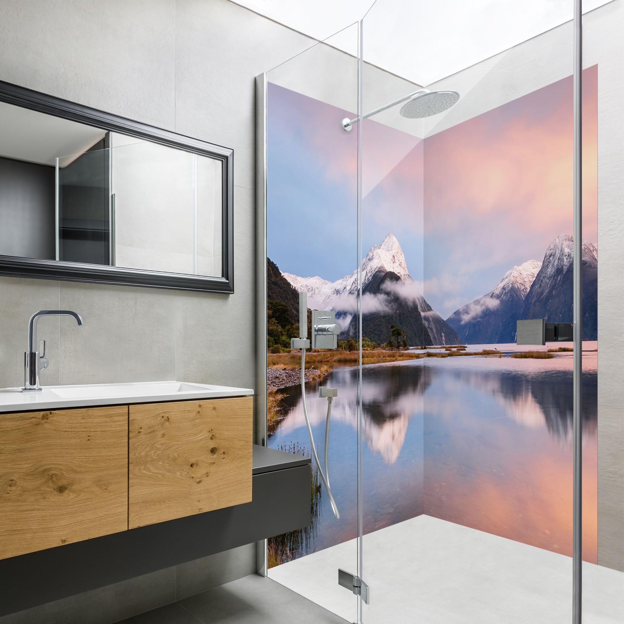 Duschrückwand Natur selbstklebend - 0.61 mm Wandpaneel wasserfest Berg rosa Motiv Badrückwand fugenlos Premium matt 100x200 cm