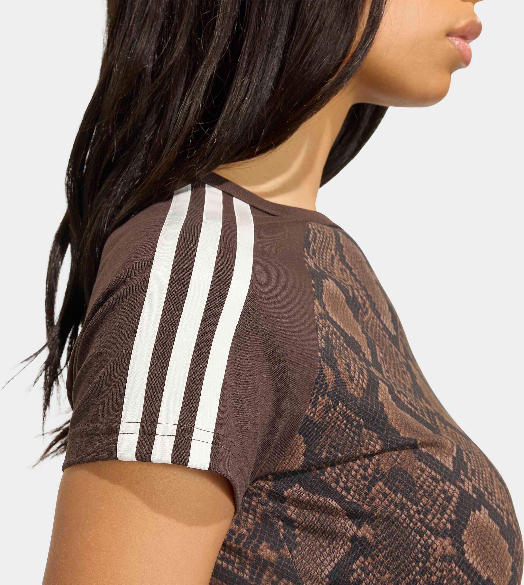 T-Shirt ADIDAS ORIGINALS "CALI, SCHLANGENPRINT", Damen, Gr. M, braun (earth strata, aurora coffee), Obermaterial: 93% Baumwolle, 7% Elasthan, normal, Rundhals, Shirts T-Shirt, mit Rundhalsausschnitt, in normaler Länge
