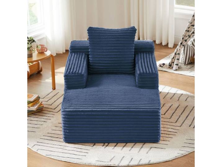 Canapé chaiselongue - SOGEU - Chaiselongue convertible - Velours côtelé bleu - Mousse haute densité - Assise ferme