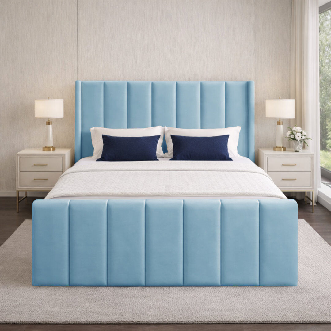 17 Stories Premium Wingback Storage Bed Frame Sky Blue Double (4'6)
