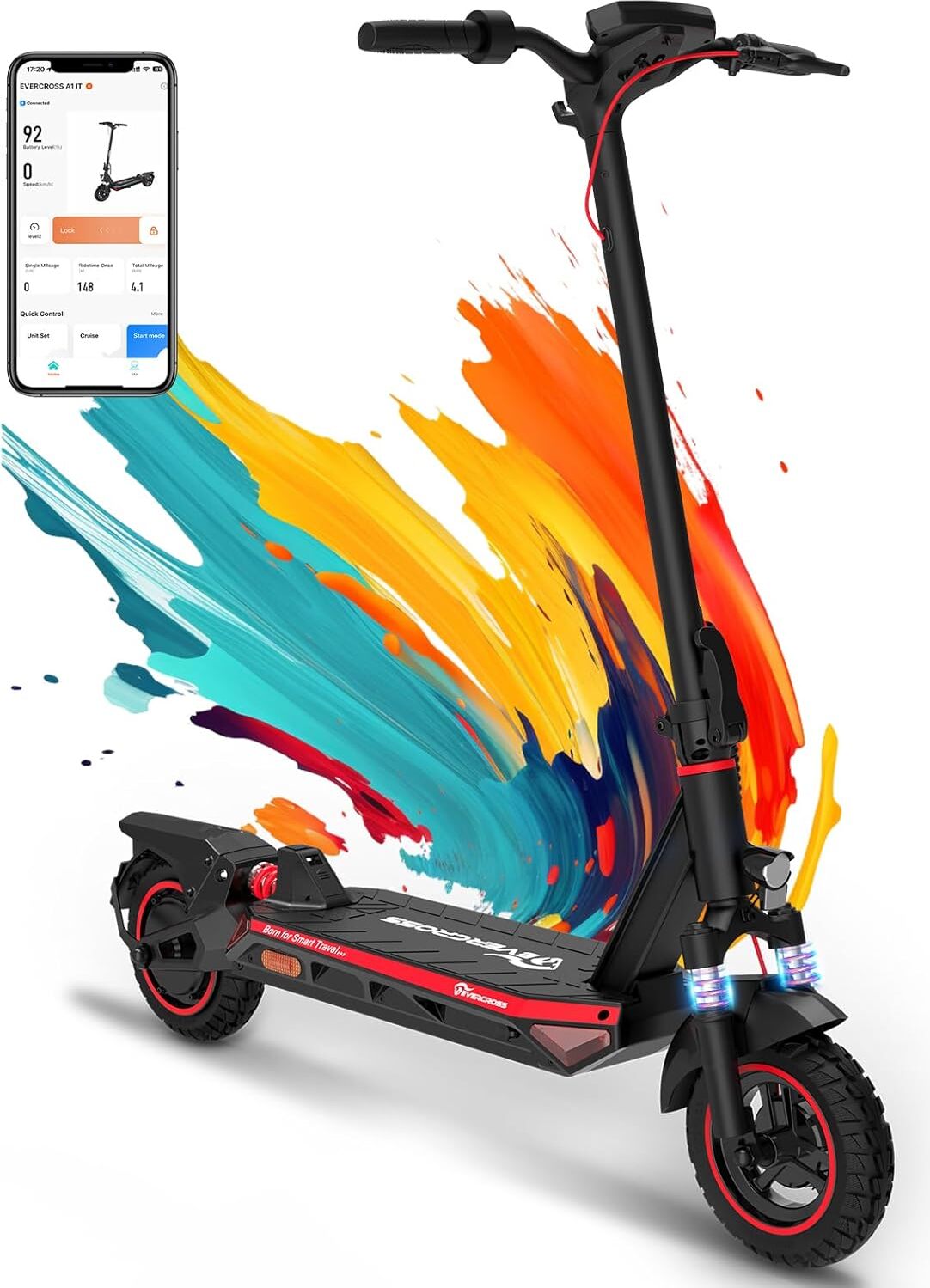 EVERCROSS A1 Rot E Scooter mit Straßenzulassung, 10'' Faltbarer Vakuumreifen Electric Scooter ABE, Elektroroller Erwachsene mit App & LED Display, 500W Motor, 15,3AH Batterie, 50-55 KM, Duales Bremssystem