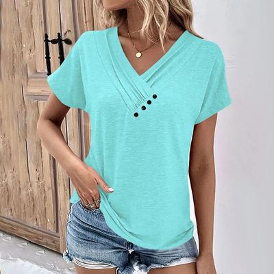 Uplifted Finds Womens Oversized V Neck Short Sleeve Solid Cotton Linen Tee 2xl cyan