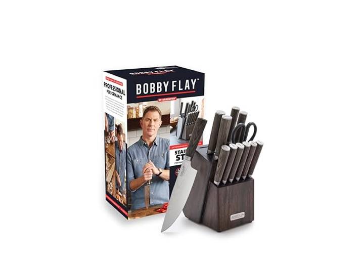 GreenPan x Bobby Flay 13-teiliges Edelstahl-Besteck Küchenmesserblock Set, Premium Edelstahlklingen, Akazienholz Messerblock, Handgefertigter ergonomischer Holzgriff, Damaststahl-Design