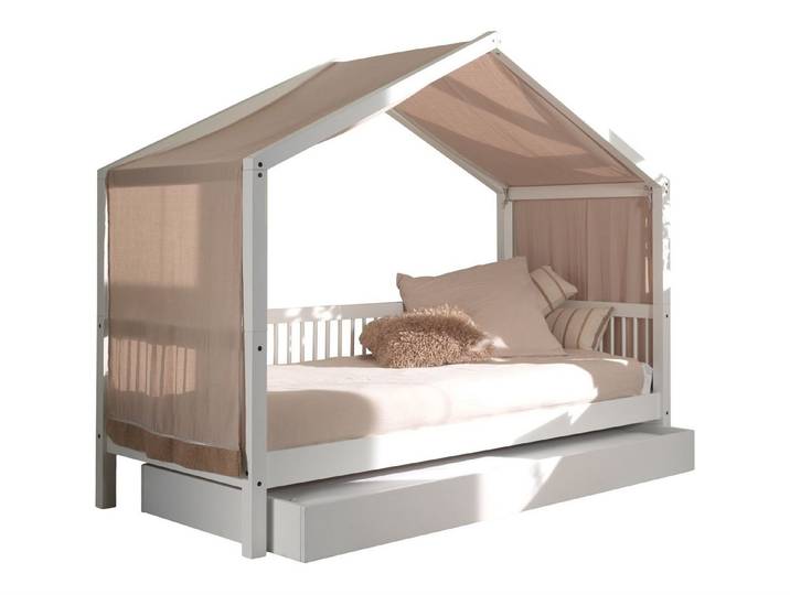 58 aufm Kessel Kinderbett Hausbett 90x200 Keeley Buche Weiß Massivholz Himmel Schublade (inkl. Versand, Lieferung bis Verwendungsstelle), Hausbett mit hellrosa Baumwollhimmel und zusätzlicher Bettschublade