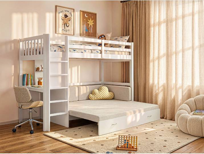 Hochbett mit Sofa mit Schlaffunktion - 90 x 190 cm- Kiefernholz & MDF - Weiß - ORPELIA