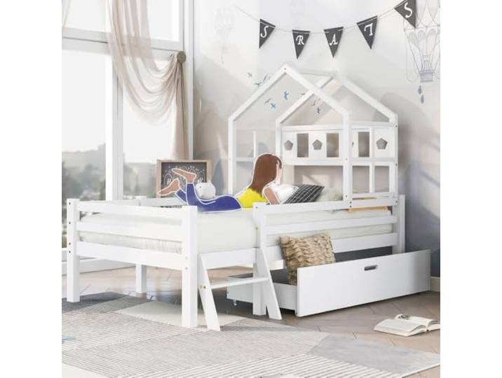 I0I&I0I Hausbett Kinderbett aus Massivholz mit Leiter und Schubladen, Lattenrost, Rausfallschutz, Kinderbett fürs Kinderzimmer