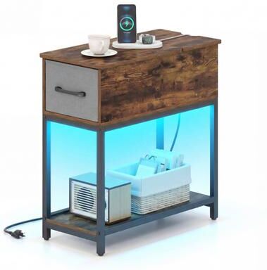 Costway Narrow Side Table with Charging Station and LED Lights Industrial End Table-Brown