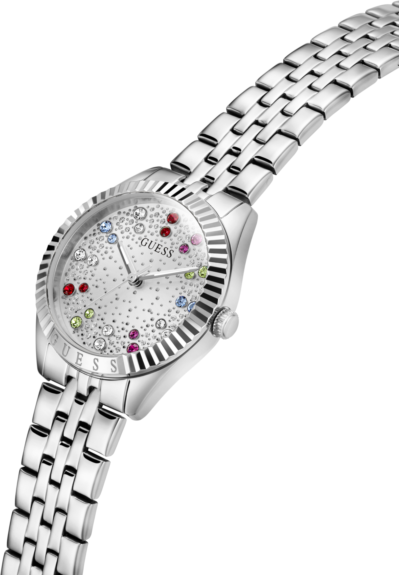 Quarzuhr GUESS "ADELAIDE", bunt (silberfarben), Armbanduhren, Damen, Quarzuhr, Armbanduhr, Damenuhr, Edelstahlarmband, analog