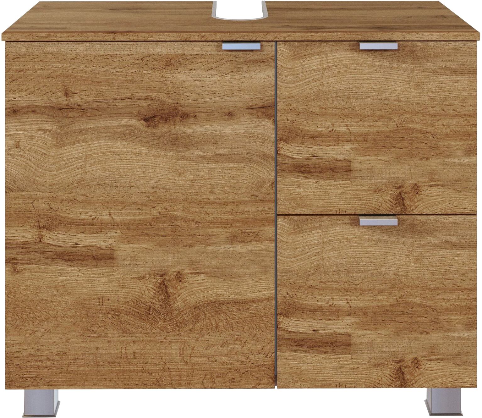 Waschbeckenunterschrank WELLTIME "Bauska", braun (wotaneiche), B:70cm H:53cm T:35cm, Holzwerkstoff, Schränke, Waschbeckenunterschrank, 70 cm breit, mit 2 Auszügen wotaneiche wotaneiche, B/H/T: 70cm x 53cm x 35cm, Schubladen: 2 Stk. Türen: 1 Stk.