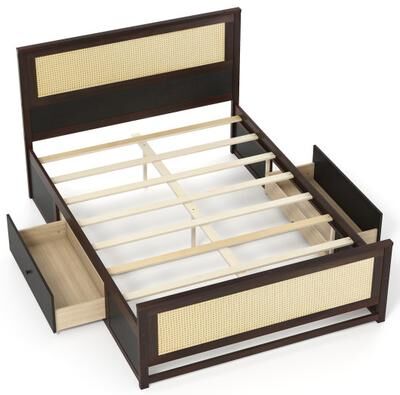 Costway Full Size Rattan Bed Frame with Storage Drawers-Rustic Brown