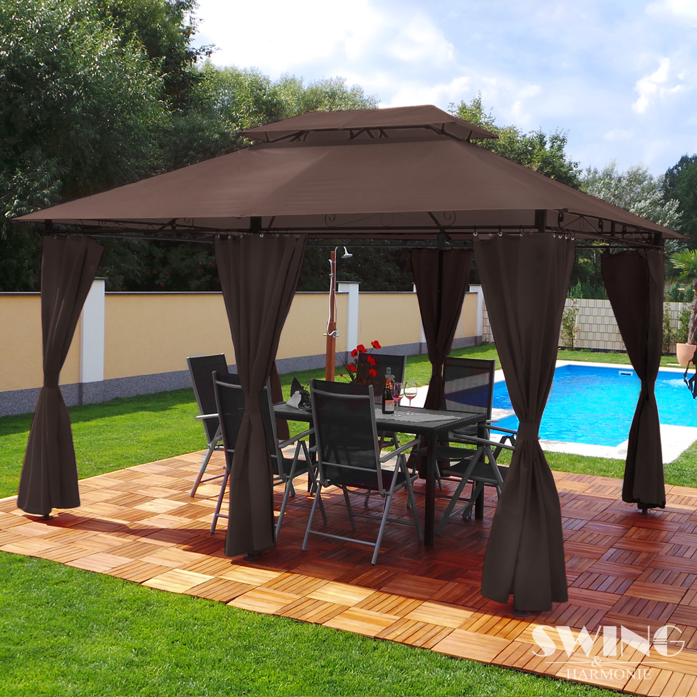 Luxus Pavillon 3x4m Minzo - inklusive Seitenwände Gartenpavillon Partyzelt Gartenzelt - braun