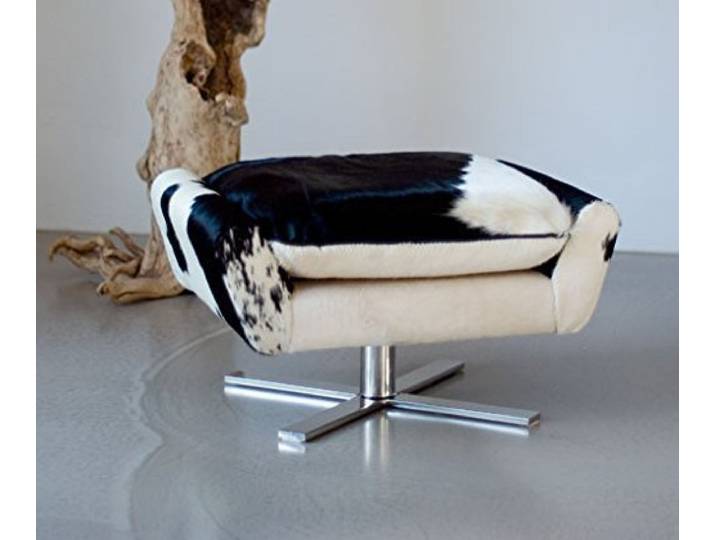 NEUERRAUM Bequemer Kuhfell Fußhocker, Beistellhocker, Sitzhocker, Hocker mit Kissen, Fuß massives Edelstahl. Gewicht 17 kg. Abbildung in (Echt-) Kuhfell Schwarz-Weiß.