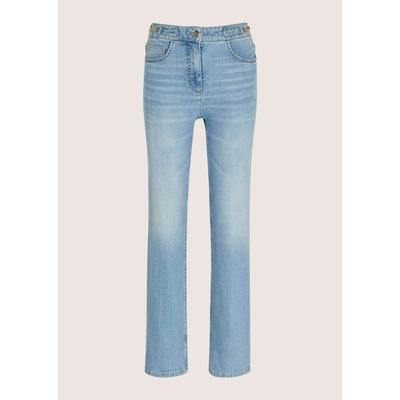 Regular-fit-Jeans MADELEINE "Jeans Straight-Leg-Jeans mit Formbund", Damen, Gr. 21, N + K Gr, blau, Obermaterial: 91% Baumwolle CO. 7% Elastomultiester ELE. 2% Elasthan EL., Modern, Jeans, Jeans mit weitem Bein und icegoldfarbenen Accessoires