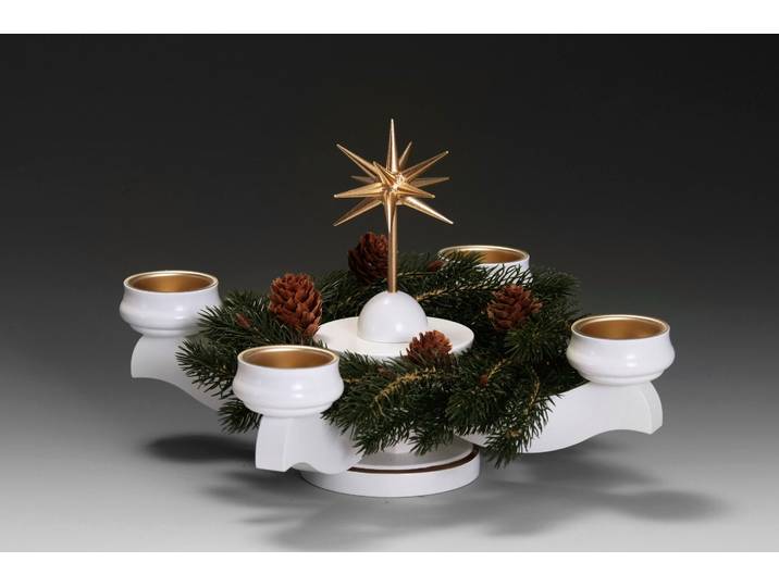 Adventsleuchter ALBIN PREISSLER mit Weihnachtsstern, Handwerkskunst aus dem Erzgebirge , gold (weiß, goldfarben), B:22cm H:19cm T:22cm, Massivholz, Kerzenhalter, Adventsleuchter, Ø 22 cm, Weihnachtsdeko aus Holz