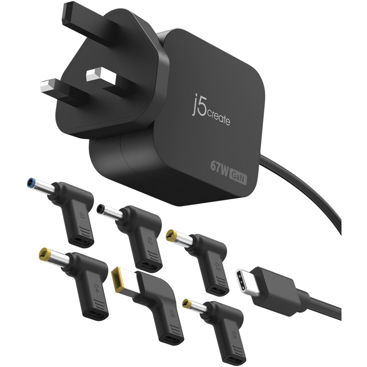 67W J5CREATE GAN PD USB-C MINI CHARGER UK PLUG 6 TYPES OF DC CONNECTOR