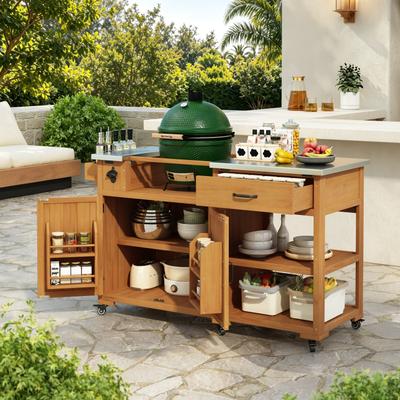 Kodotan sofa "55.4"" Outdoor Solid Wood Kitchen Cart, Stainless Top Grill Cart, Kitchen Island with Spice Rack, Drawer, Adjustable Shelves"